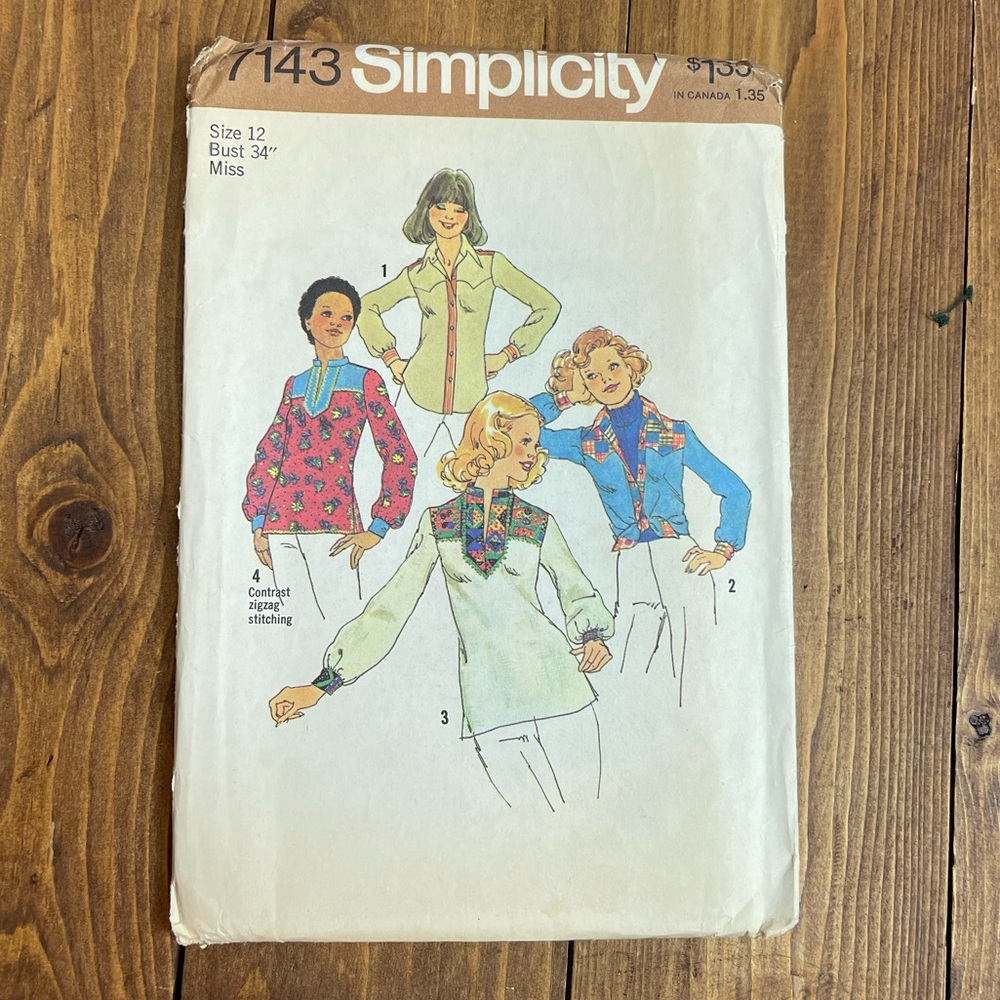 Vintage Simplicity sewing pattern uncut 7143 70’s shirts